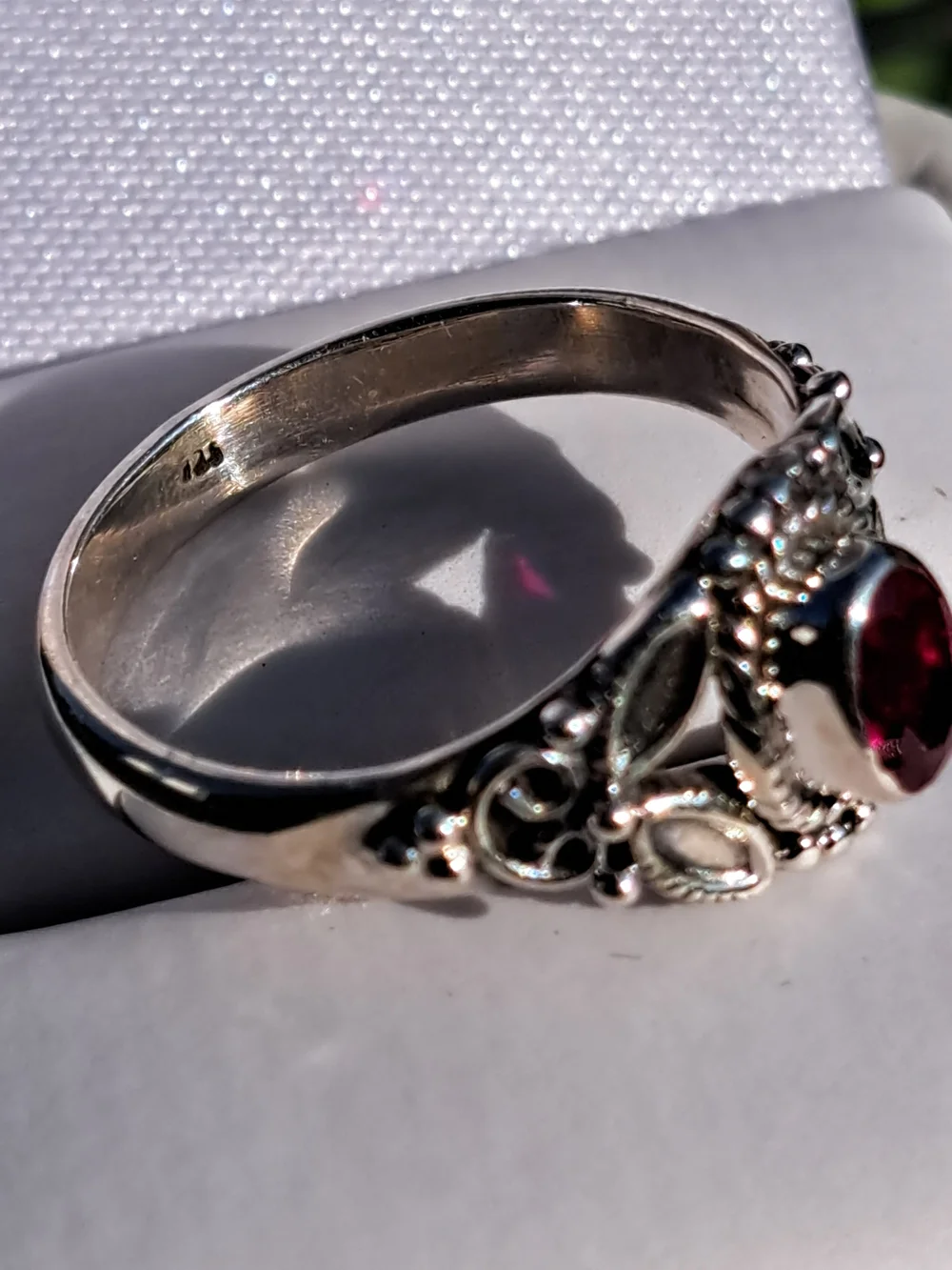 Sterling Silver Rubellite Gemstone Ring - Elegant Floral Design Sz 7 - Picture 5 of 5